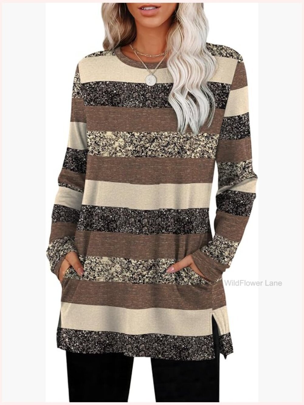 Crewneck Long Sleeve Tunic Sweater with Pockets Side Slit